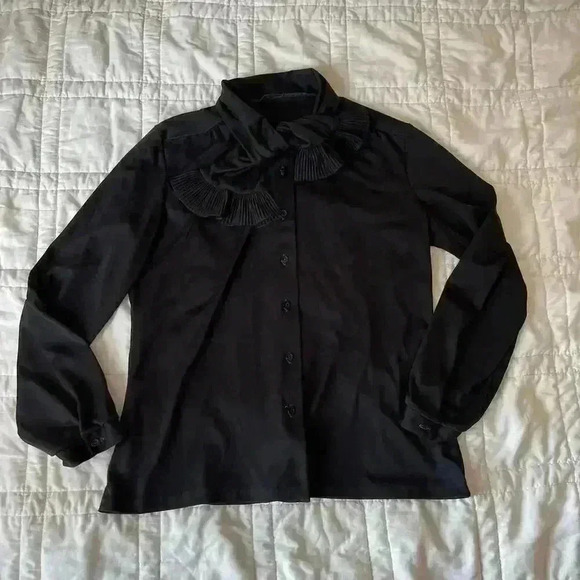 Vintage Tops - Vintage gothic pleated ruffled necktie black button down shirt women’s large